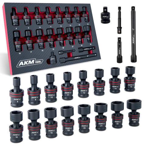 AKM TOOL universal socket set (16 pcs) showing flexible access to tight fasteners.
