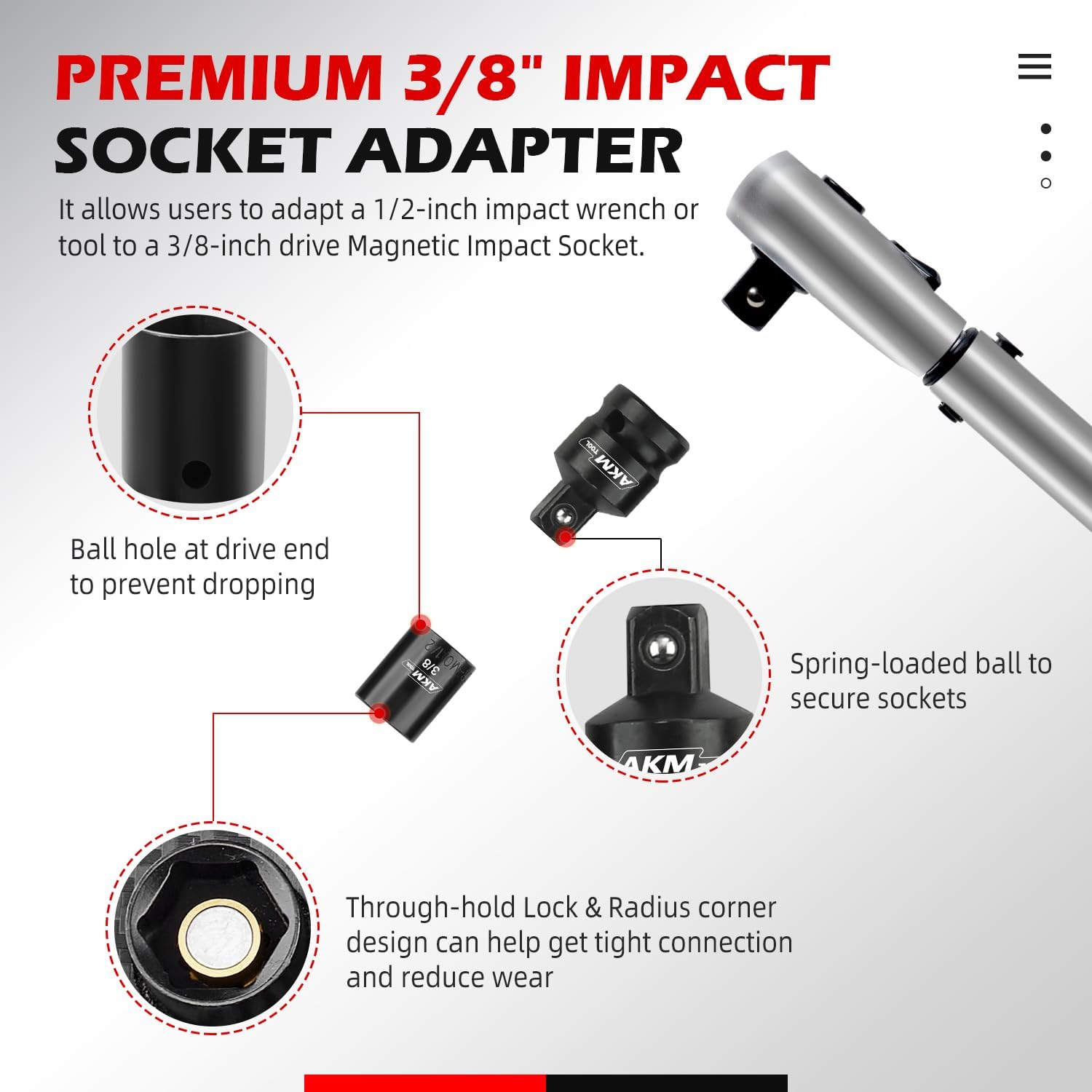AKM TOOL magnetic back keeps sockets ready on metal surfaces.