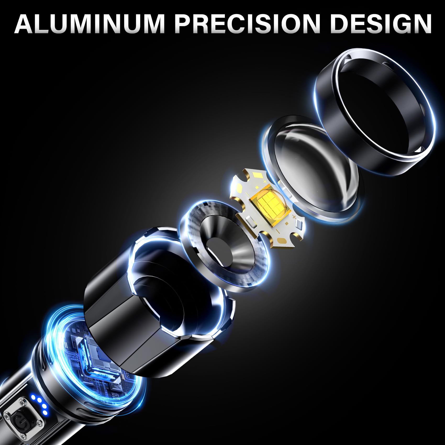 AKNEAR flashlight with zoomable head for versatile flood-to-spot lighting