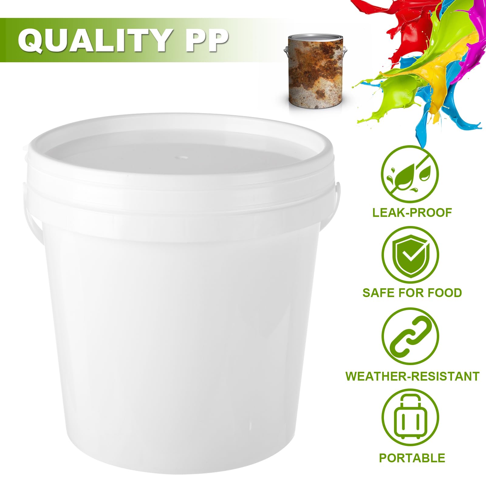 AKOLAFE white plastic paint pail with sturdy handle for DIY projects.