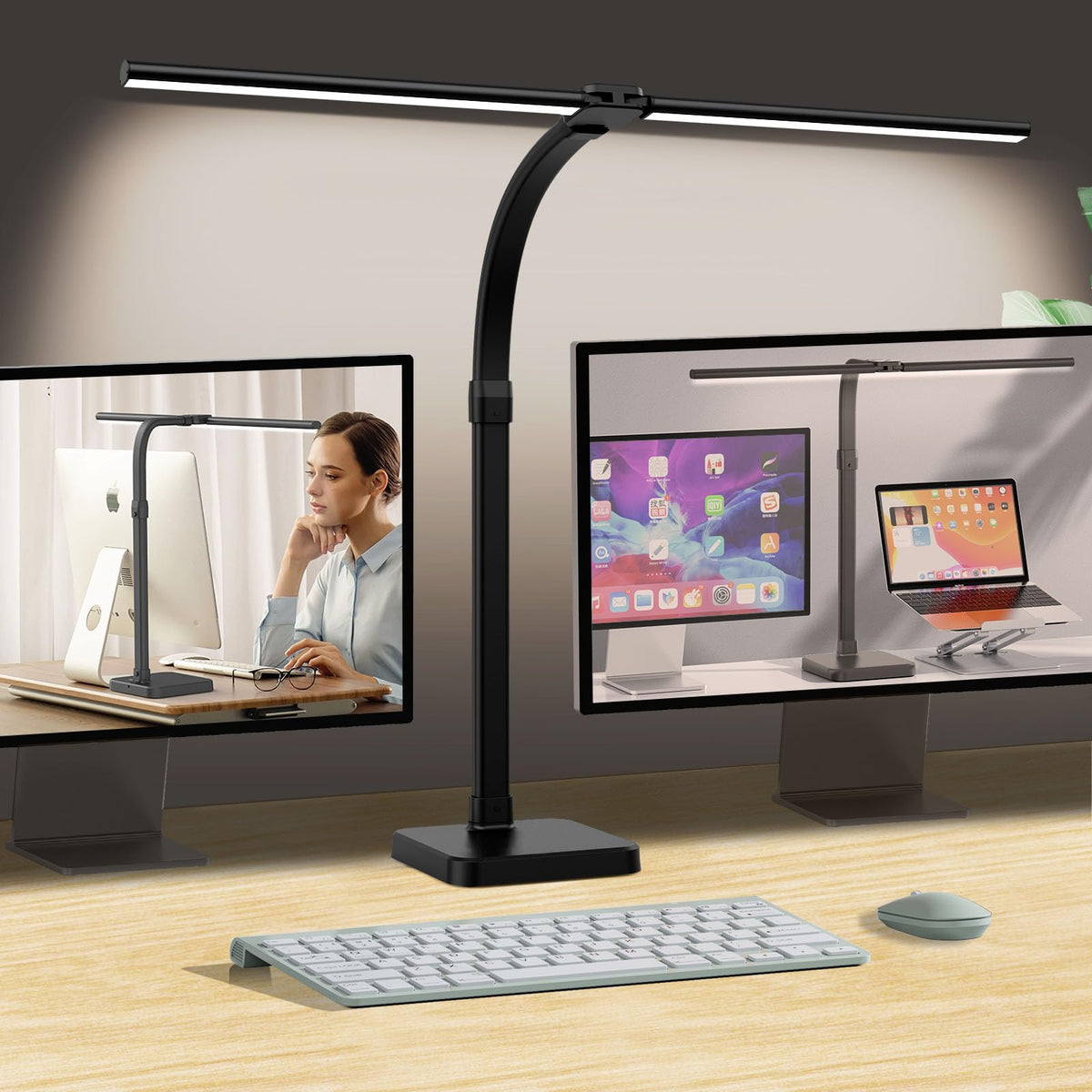 AKRRYR double-head desk lamp provides broad lighting coverage for large workspaces.