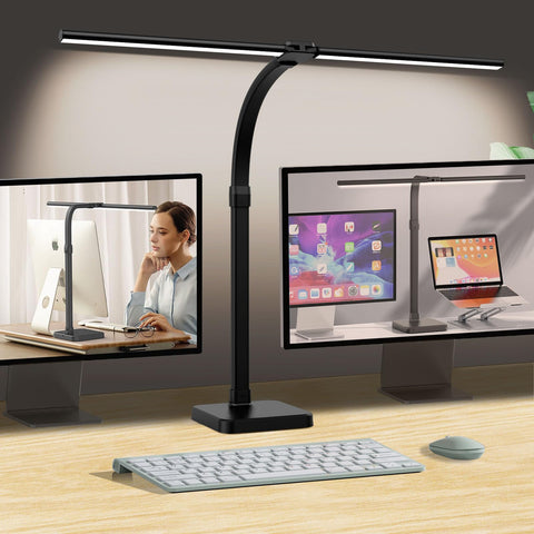 AKRRYR double-head desk lamp provides broad lighting coverage for large workspaces.