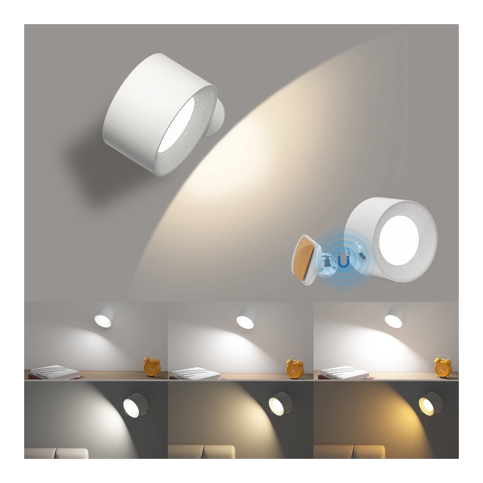 AKSDA battery wall light with 360-degree rotation for versatile bedside illumination