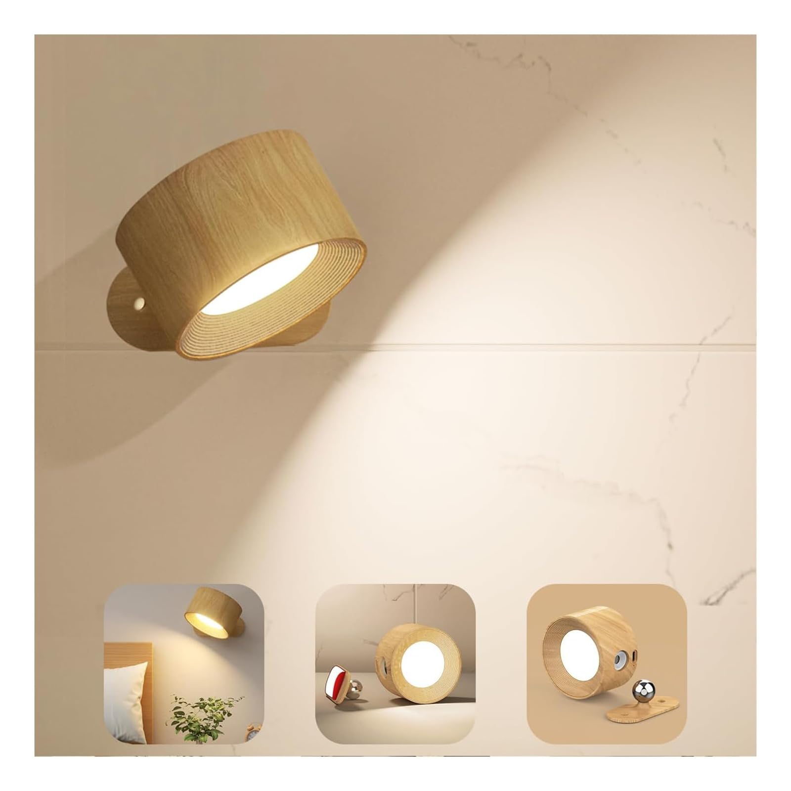 AKSDA battery wall light with 360° rotation for flexible lighting options.