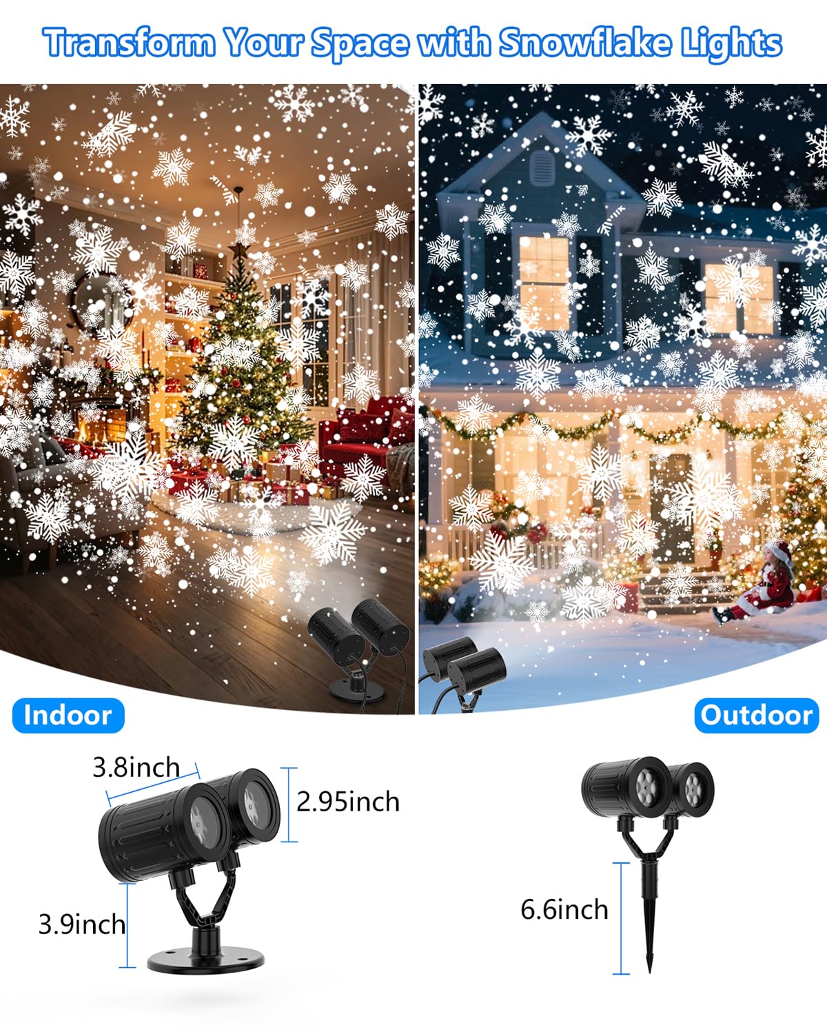 AKSDA high-brightness LEDs deliver clear snowflake patterns indoors or outdoors.