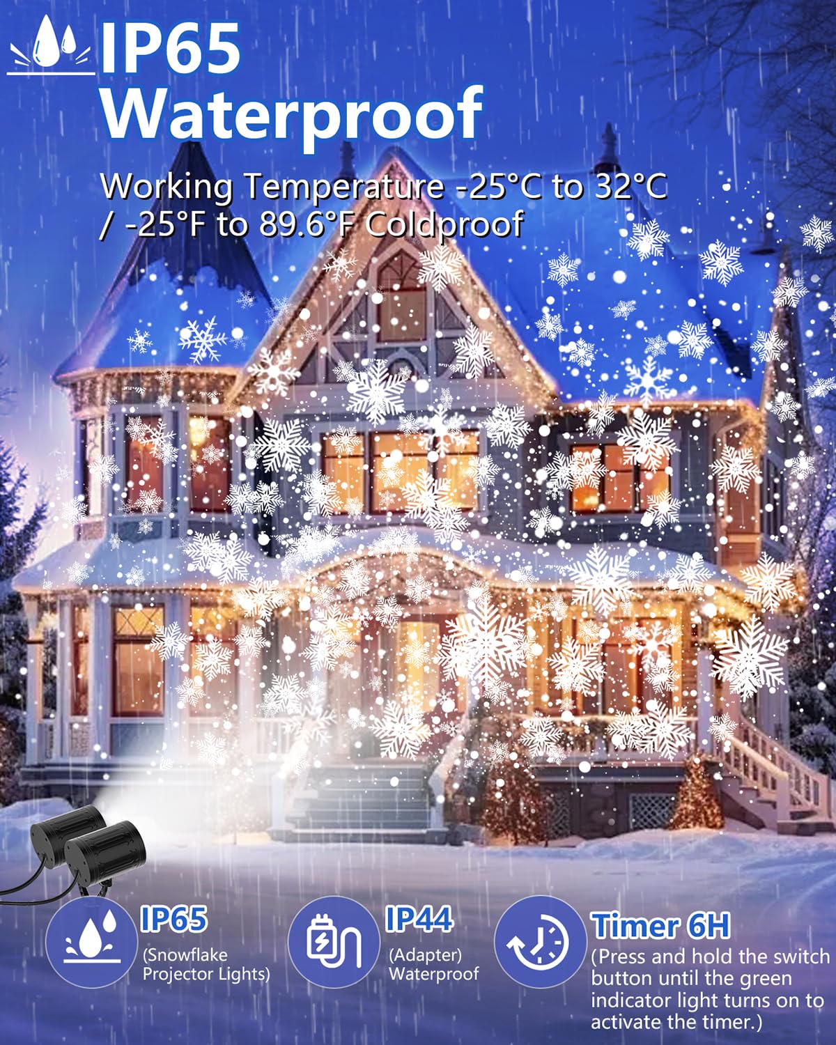 AKSDA Snowflake Projector 360-degree rotation covers outdoor space with moving snowflakes.