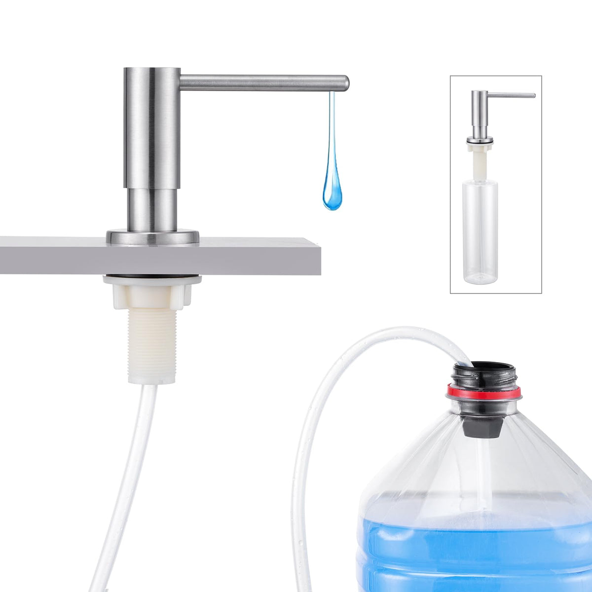 Aktines kitchen sink dispenser with brushed nickel finish and durable pump head.