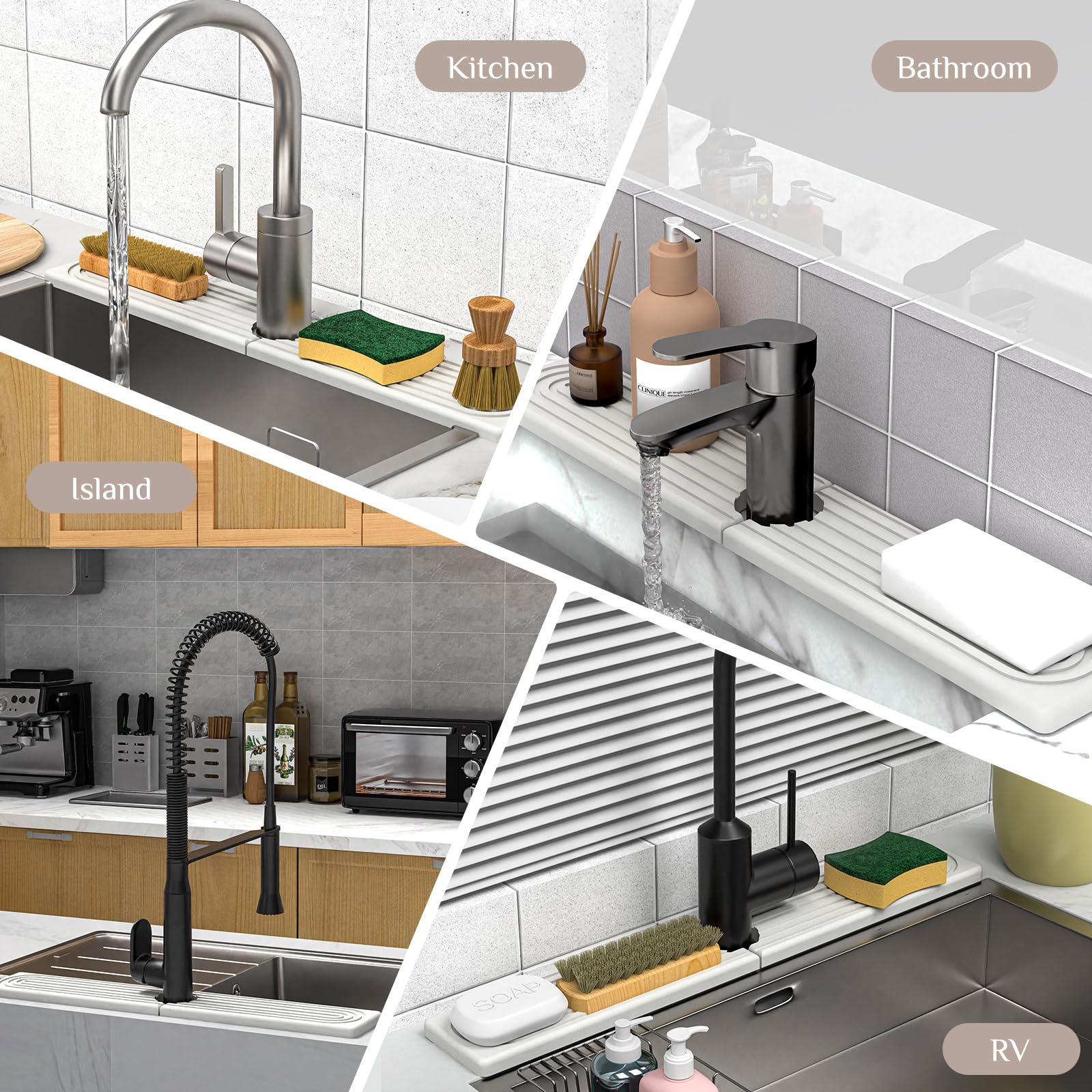AKUVU easy-cleaning faucet mat keeps the surrounding area tidy and low maintenance.