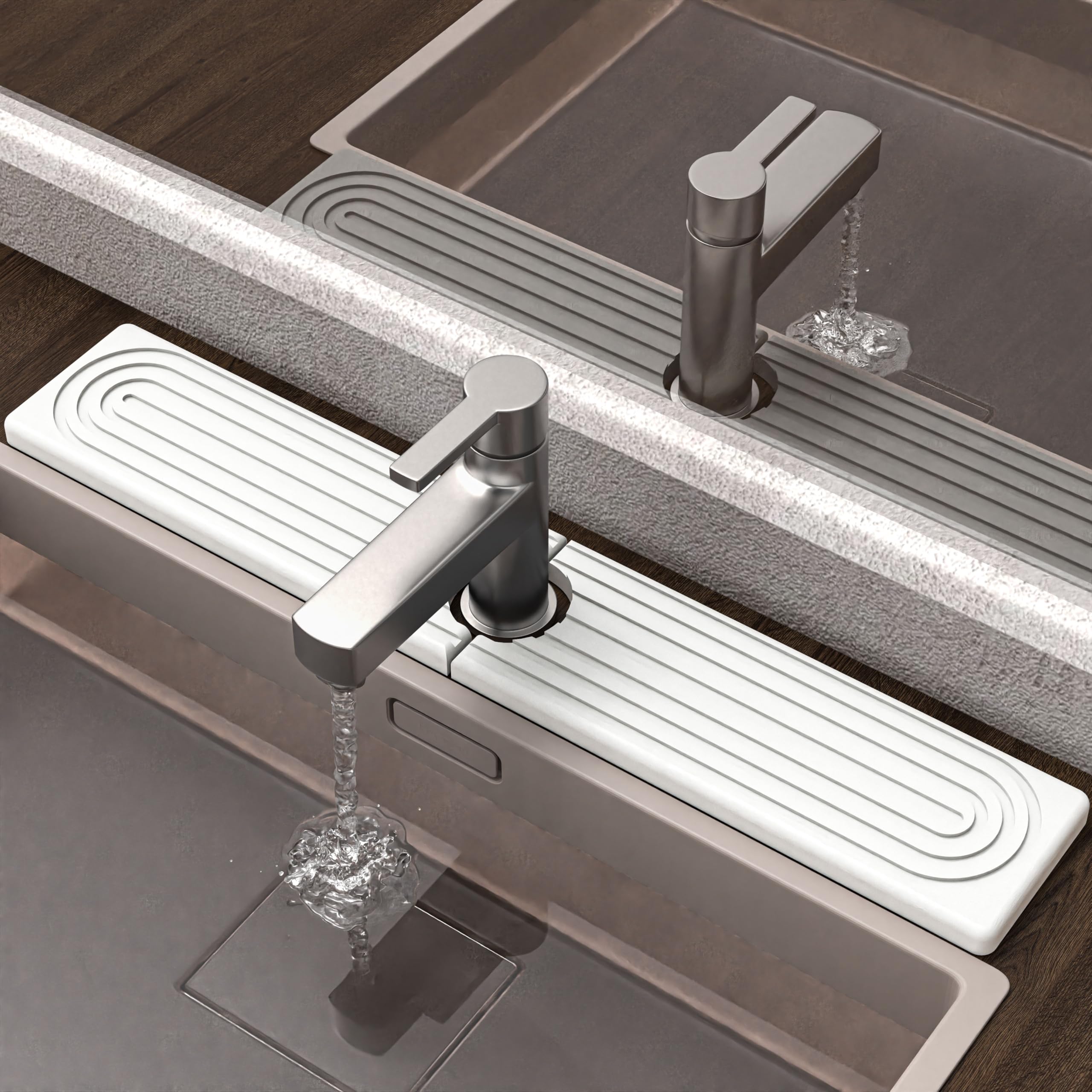 AKUVU faucet mat with absorbent diatomite soaking up water quickly around the faucet.