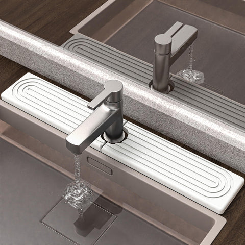 AKUVU faucet mat with absorbent diatomite soaking up water quickly around the faucet.