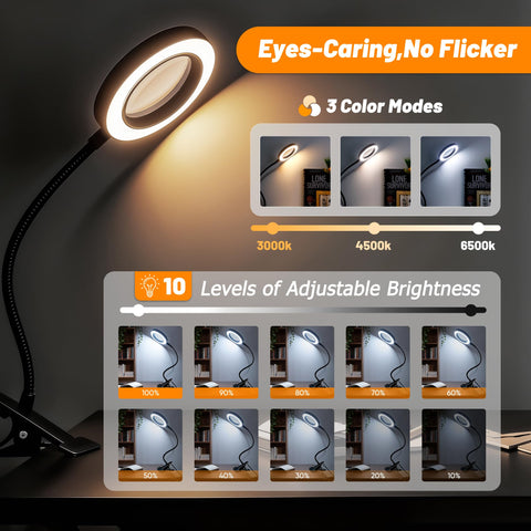 Akynite magnifier with clamp-on base secured to bed or desk.