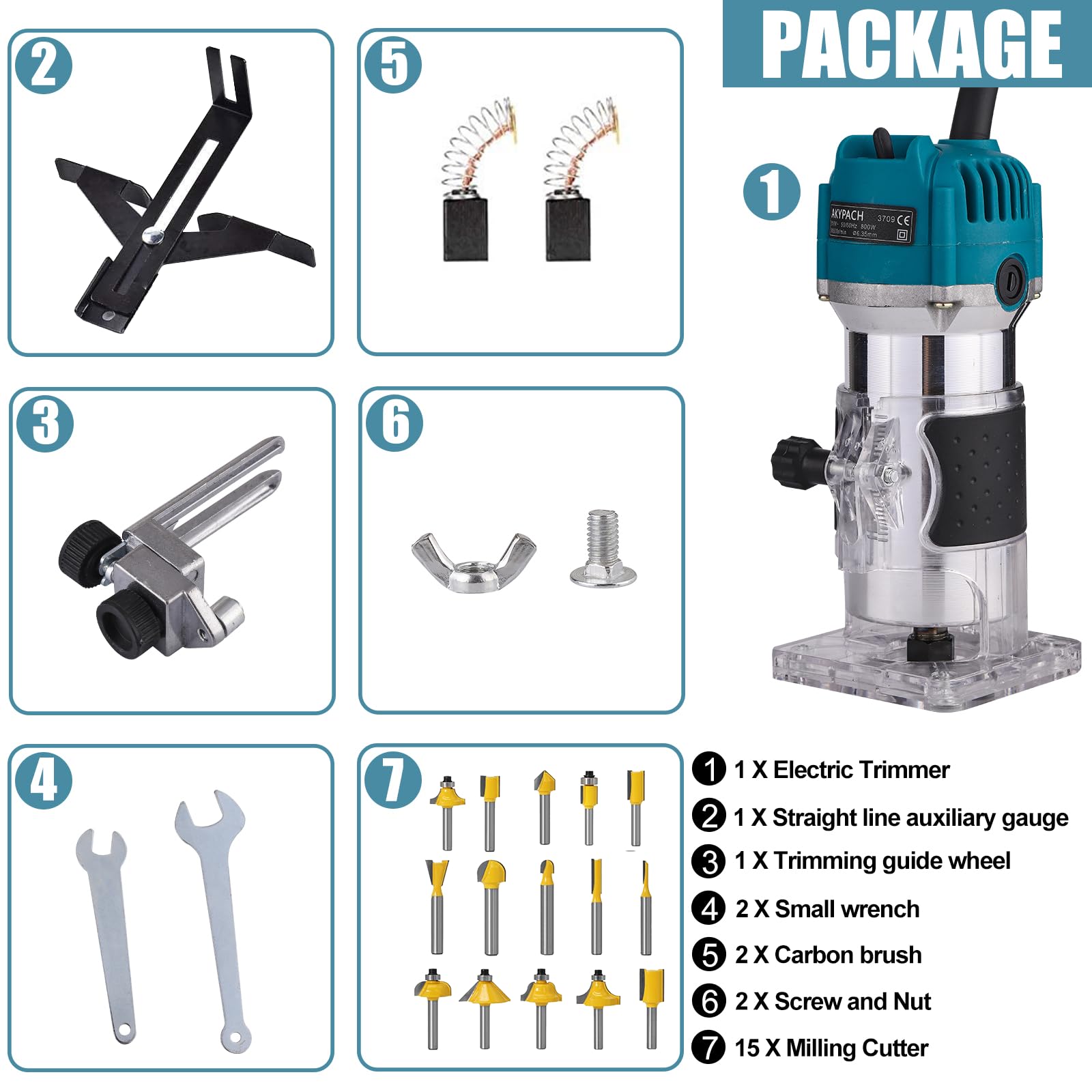 AKYPACH 15-piece 1-4in router bits set for versatile edge trimming.