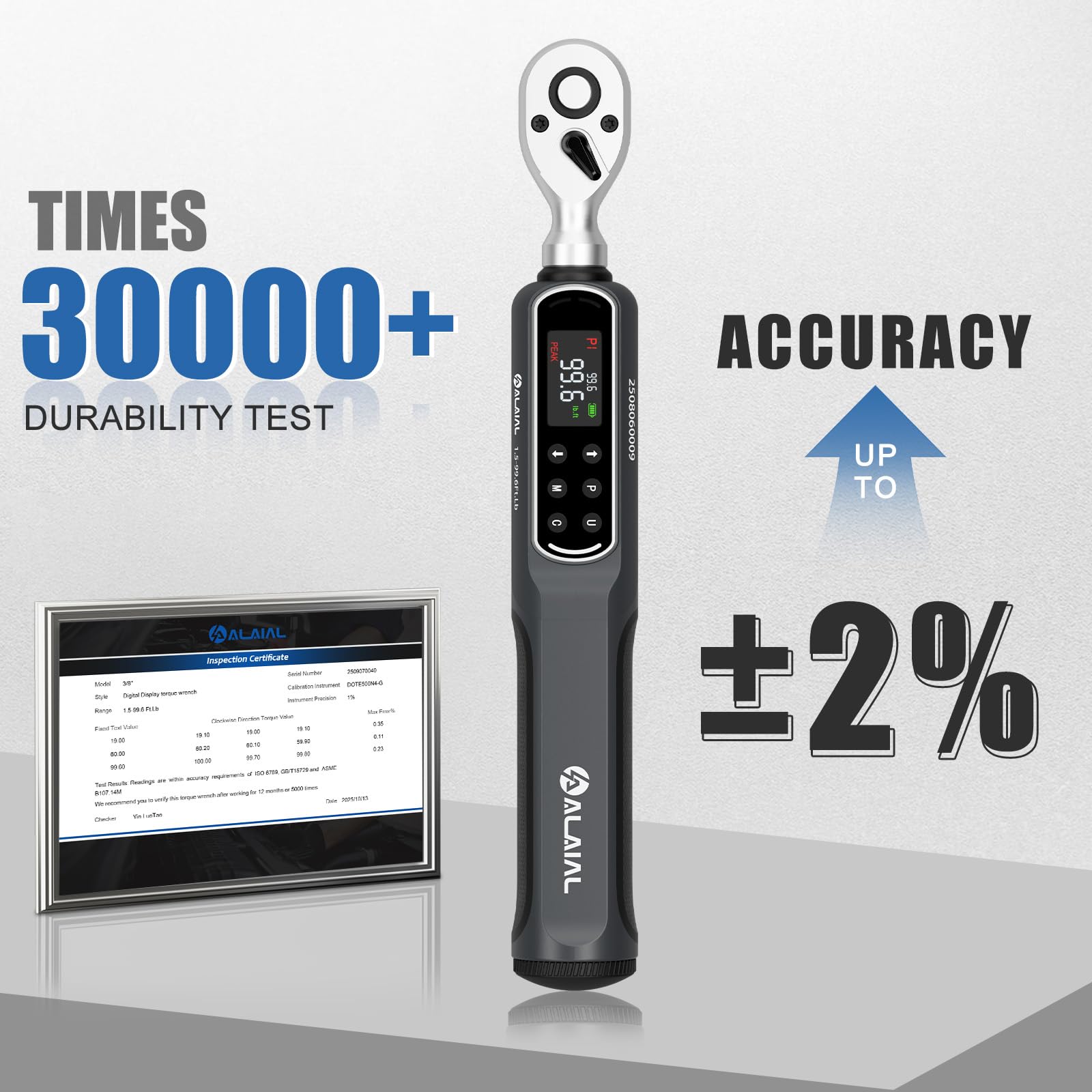 ALAIAL torque wrench close-up showing buzzer and LED alert in action