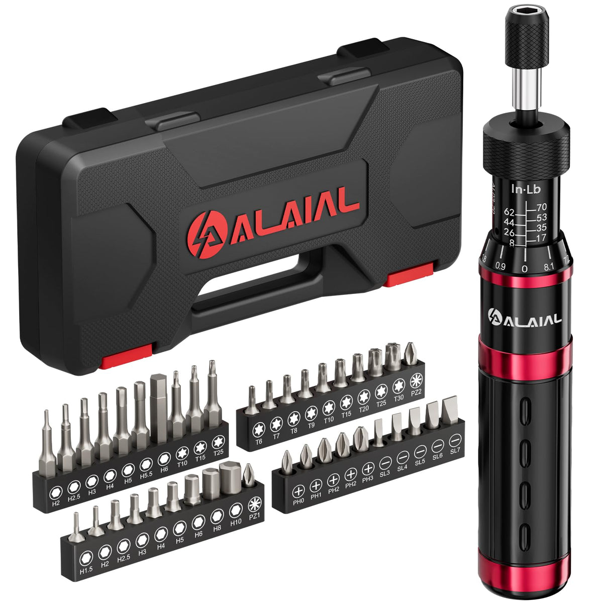 ALAIAL torque screwdriver set box with organized case for easy storage and quick access.