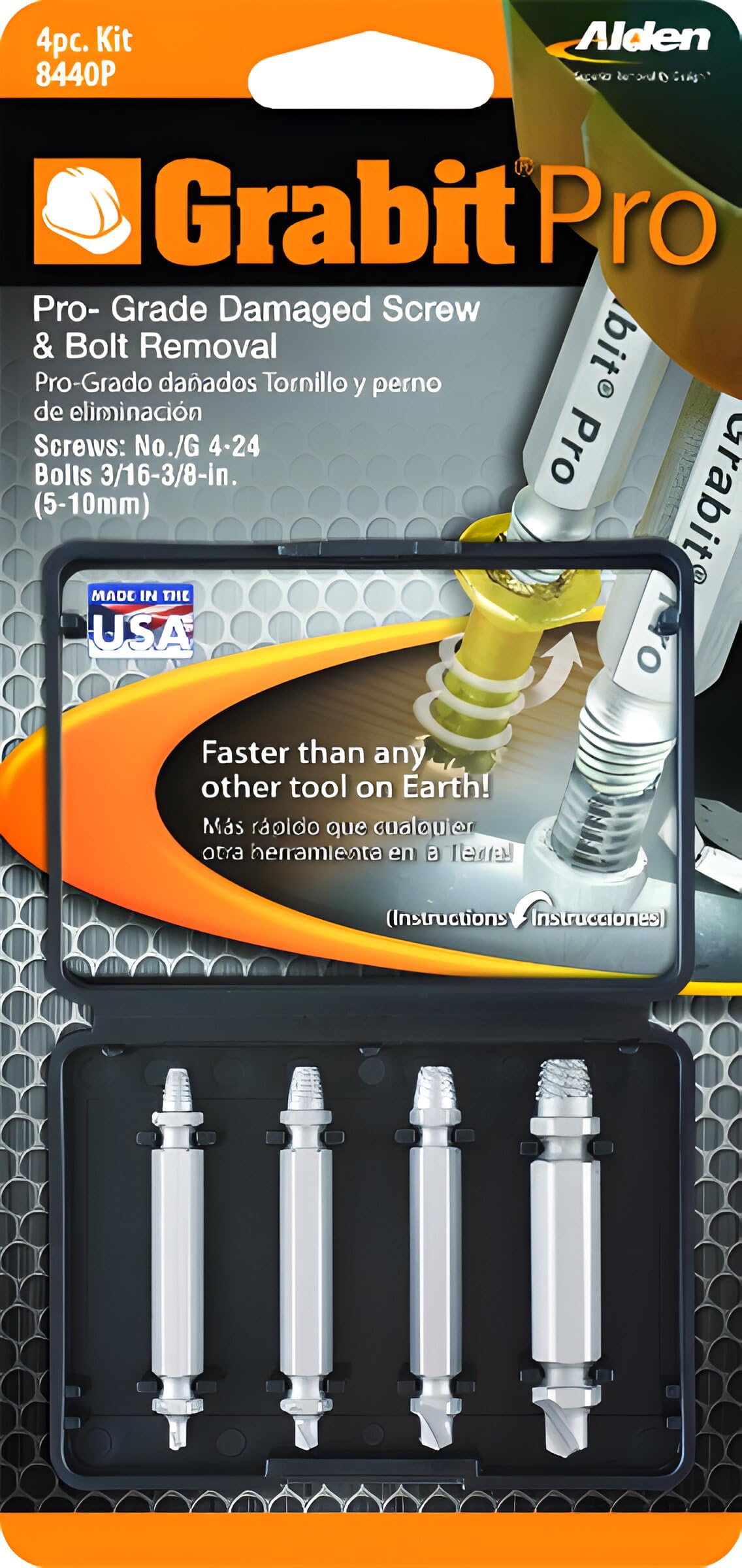Close-up of two-step drill and extractor on Alden 8440P Pro Grabit kit.