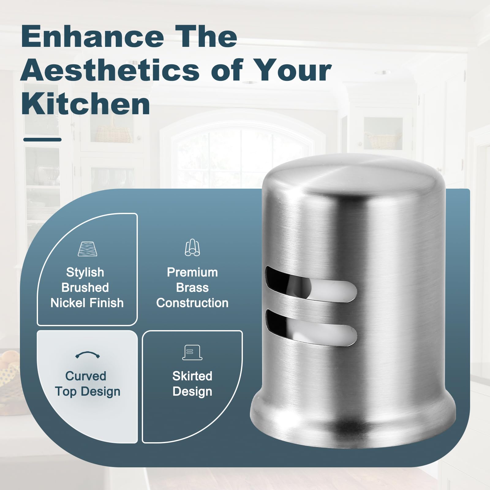 Aleasha air gap cover in brushed nickel finish offers durable corrosion resistance and a sleek kitchen appearance.
