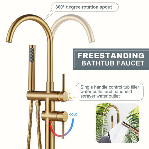 ALEASHA floor-mount base in brushed gold provides a stable installation.