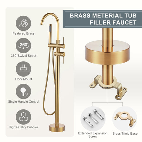 ALEASHA brushed gold tub filler with handheld shower for versatile bathing.