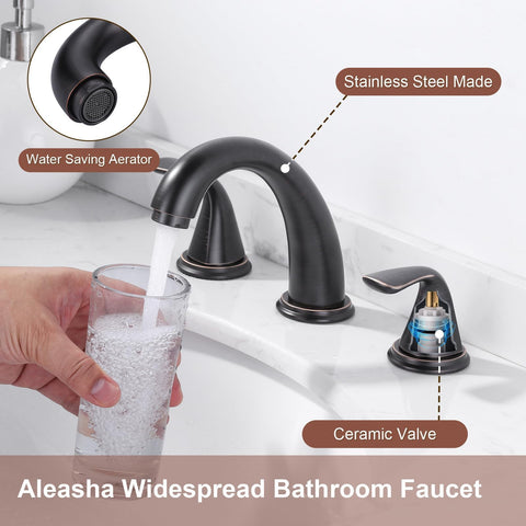 Aleasha faucet includes pop up drain with overflow for a tidy washroom setup.