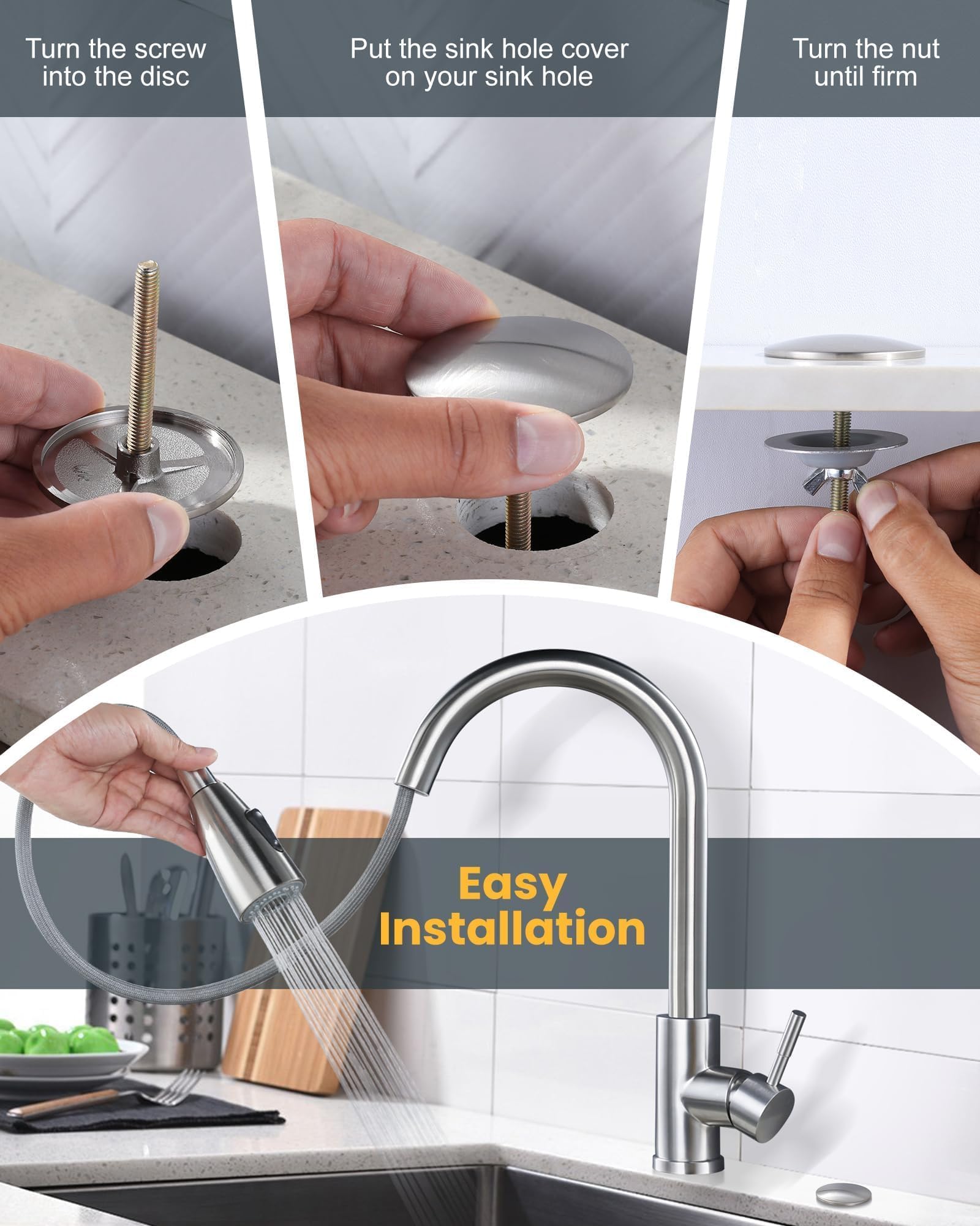 ALEASHA brushed nickel finish enhances decor while concealing holes.