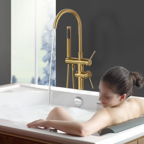 ALEASHA tub filler diverter in brushed gold switches between tub and shower.