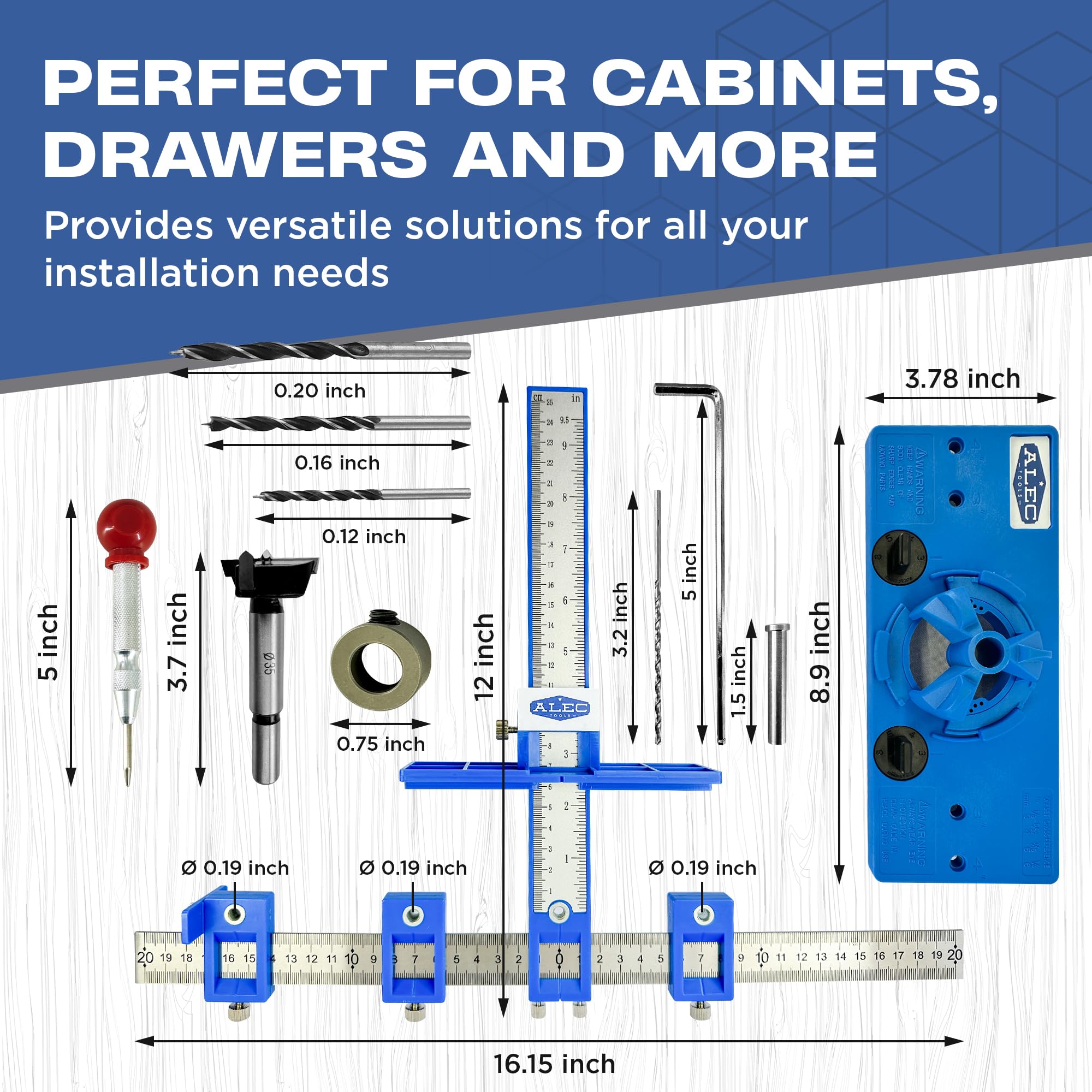 Alec Tools 35mm concealed hinge jig for accurate hinge alignment.