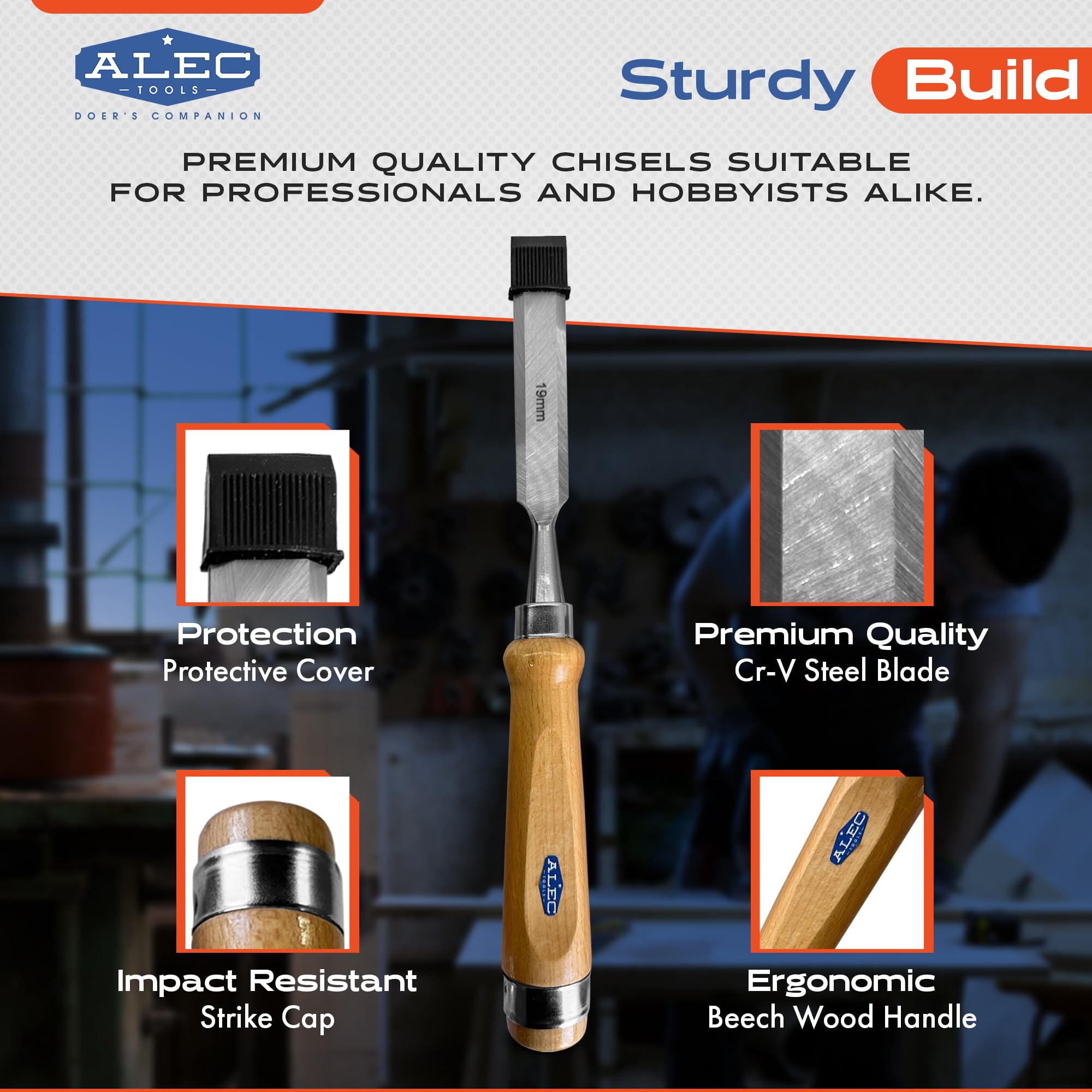 Alec Tools beech handles provide comfort and control.