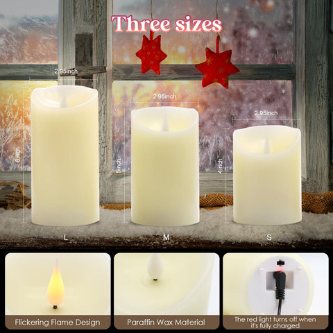 Three-pack flameless candles add a wax-like glow to decor.