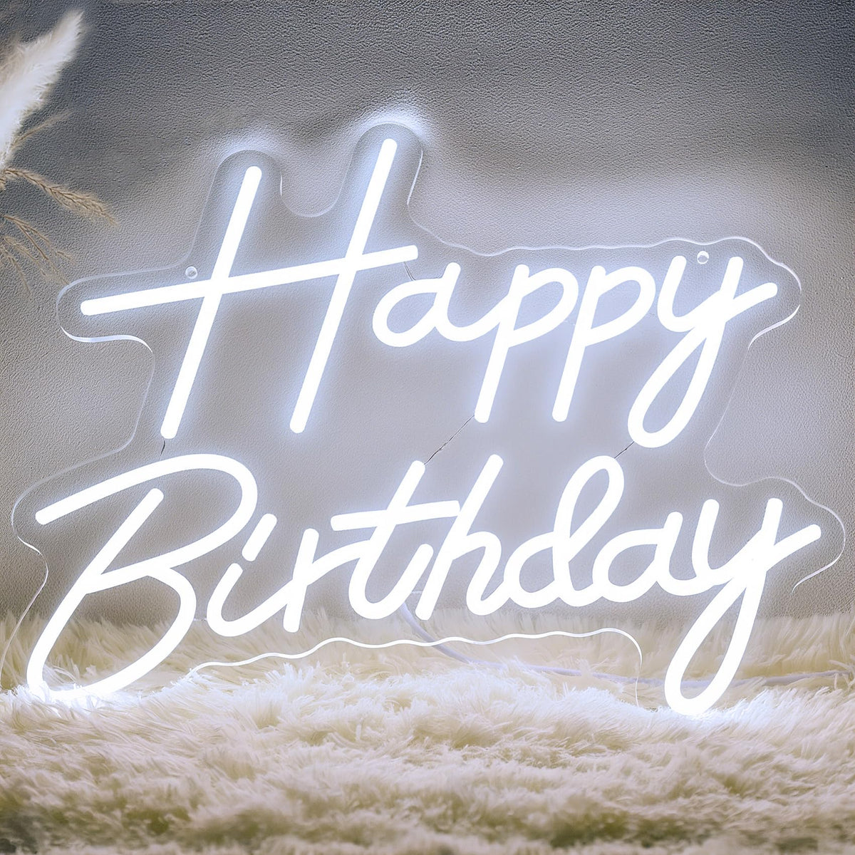 ALENEY Happy Birthday neon sign shines as bright party backdrop, USB-powered for flexible setup.