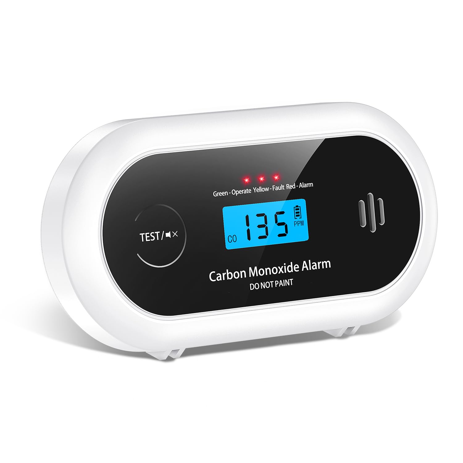 Alertlink carbon monoxide detector front view with LCD display showing real-time readings