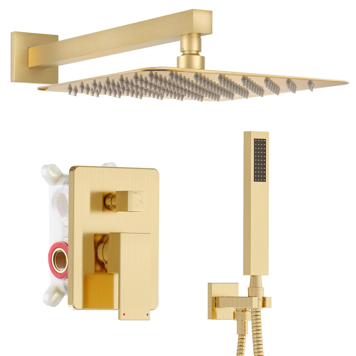 Alesco brushed-gold 10-inch rainfall head delivers immersive coverage for a refreshing shower.