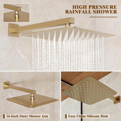 Alesco brushed-gold full shower assembly showcases luxury and a uniform finish.
