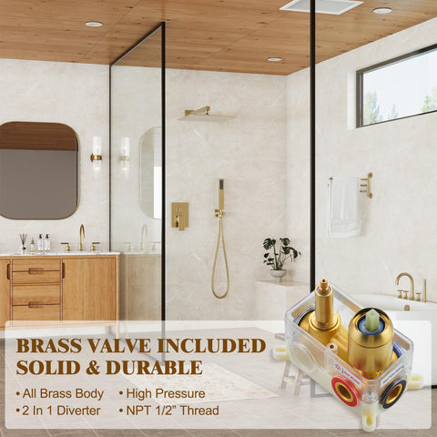 Alesco brushed-gold shower valve and trim offer durable, stylish hardware.