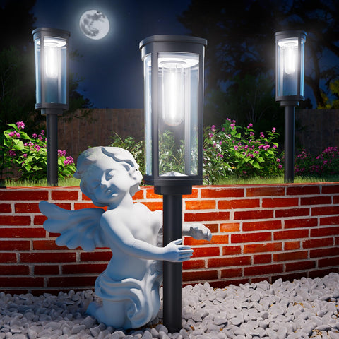 ALFIOT solar pathway light eight-pack brightens outdoor walkways at dusk.