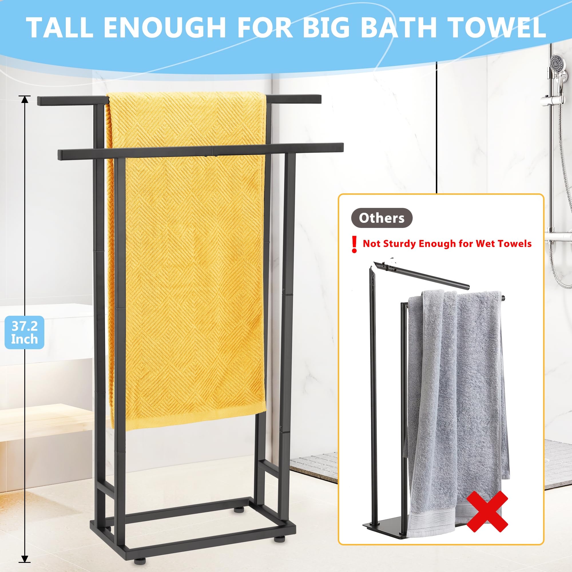 ALHAKIN towel rack features 360-degree adjustable feet for stable balance.