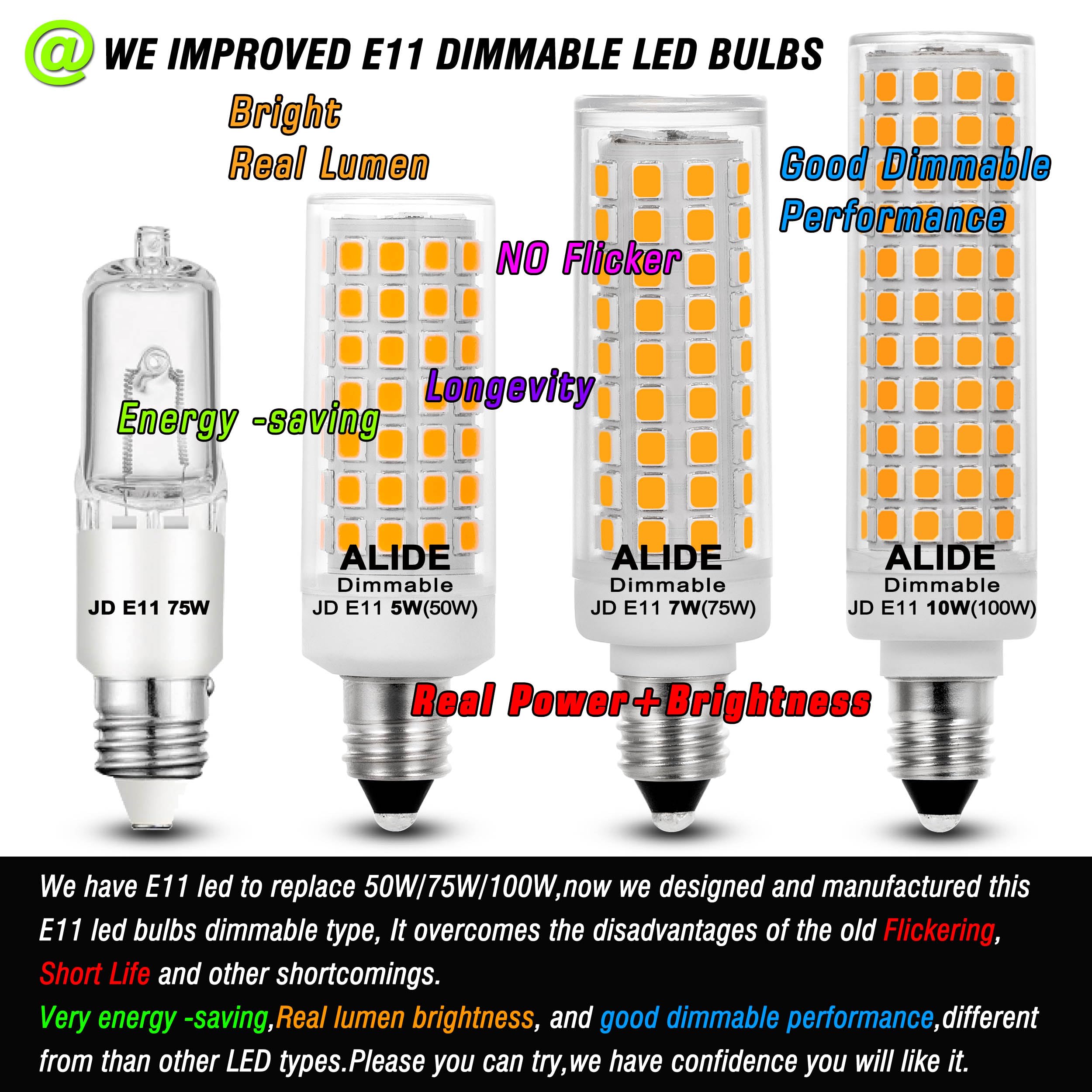 ALIDE JDE11 LED bulbs dimmable for smooth lighting transitions.
