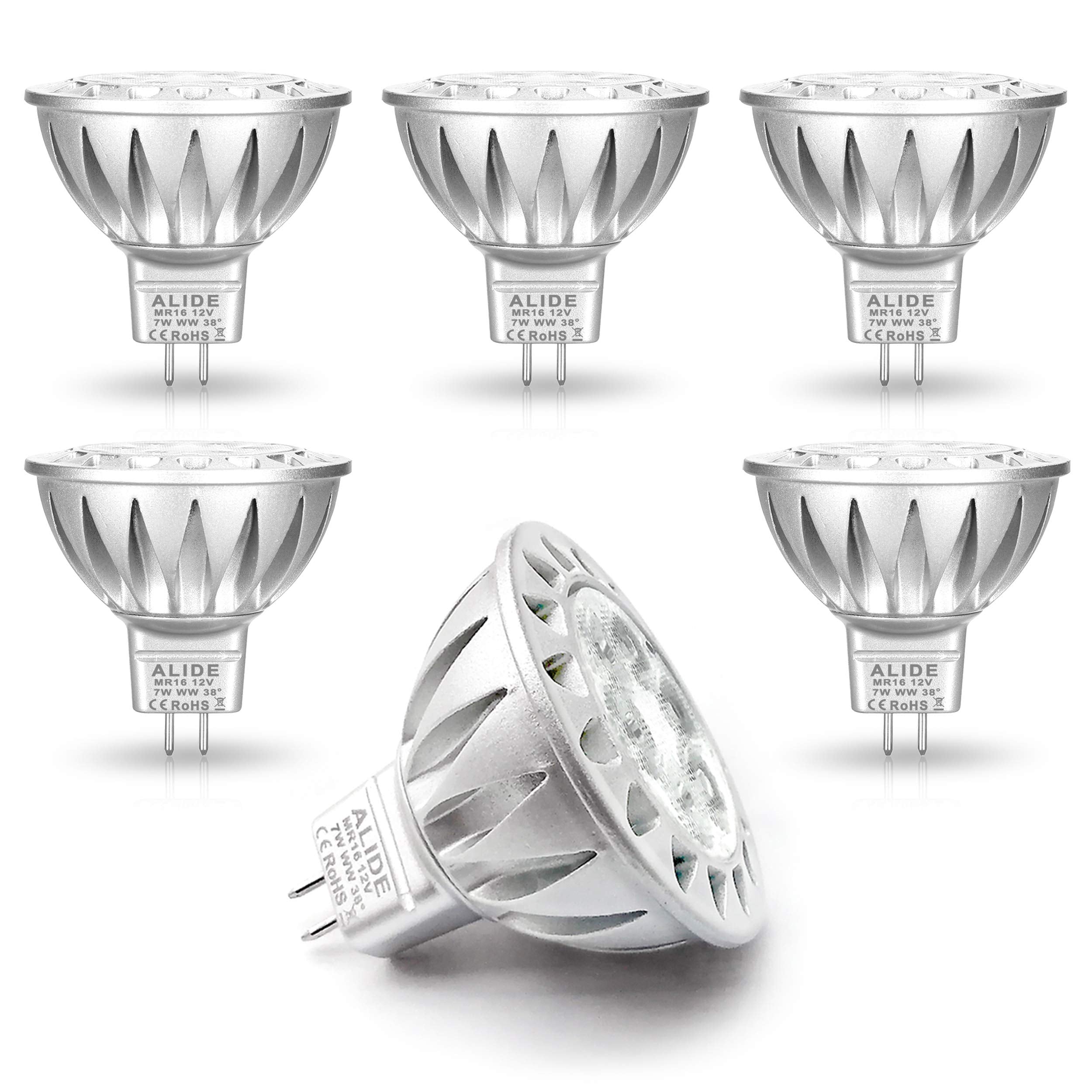 ALIDE MR16 7W LED bulb on white background, ready for easy replacement.