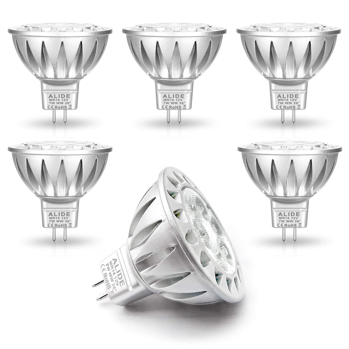 ALIDE MR16 7W LED bulb on white background, ready for easy replacement.