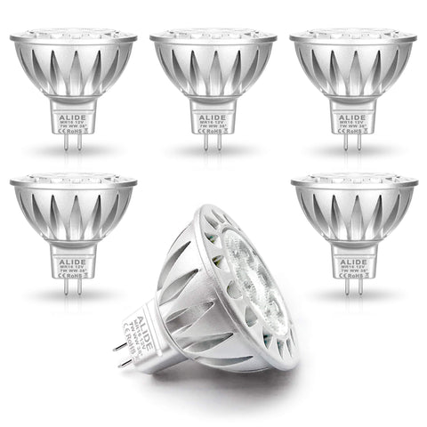 ALIDE MR16 7W LED bulb on white background, ready for easy replacement.