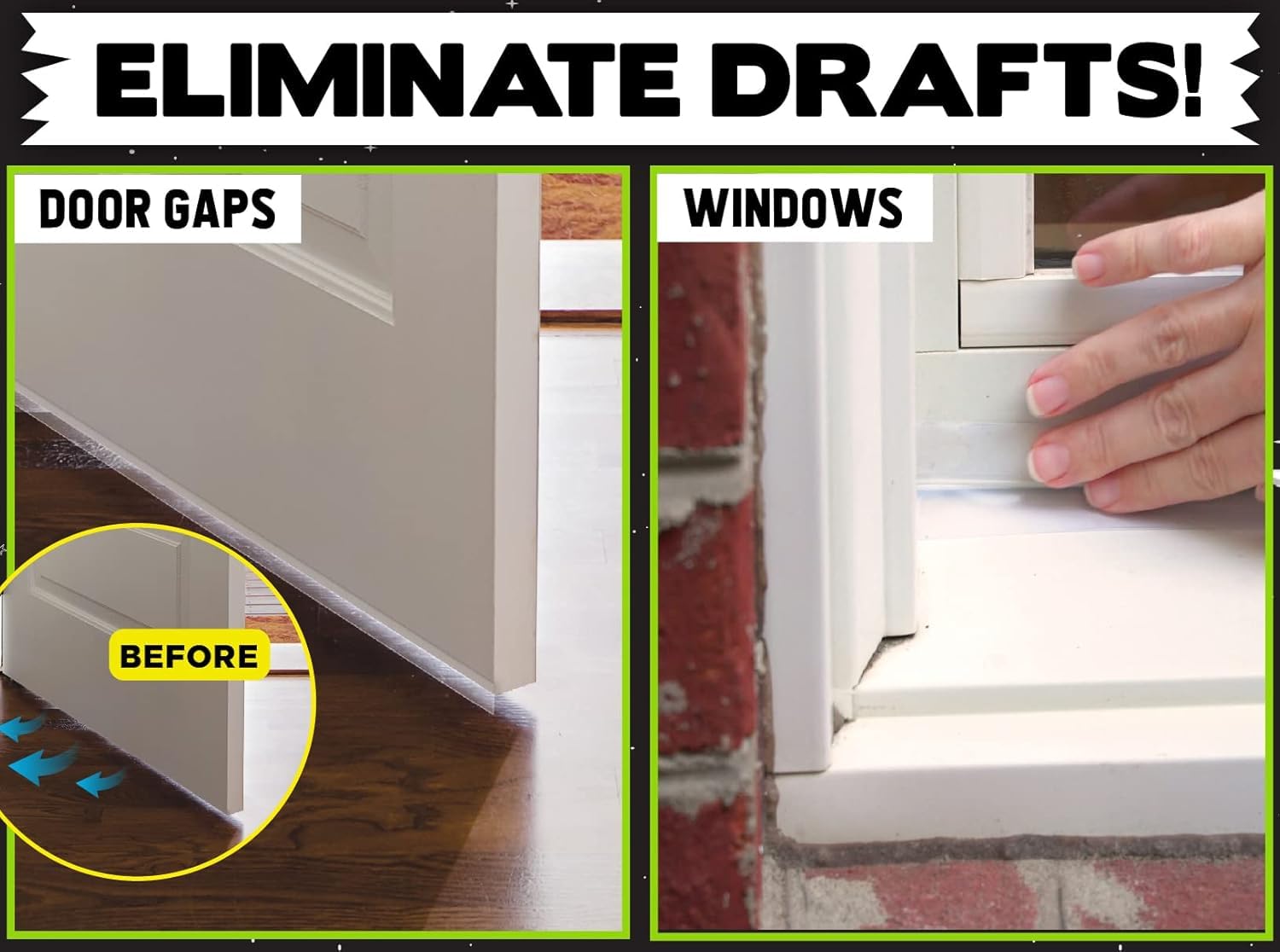 Alien Draft Insulation Tape sticks to garage doors for a flexible, moisture-resistant seal.