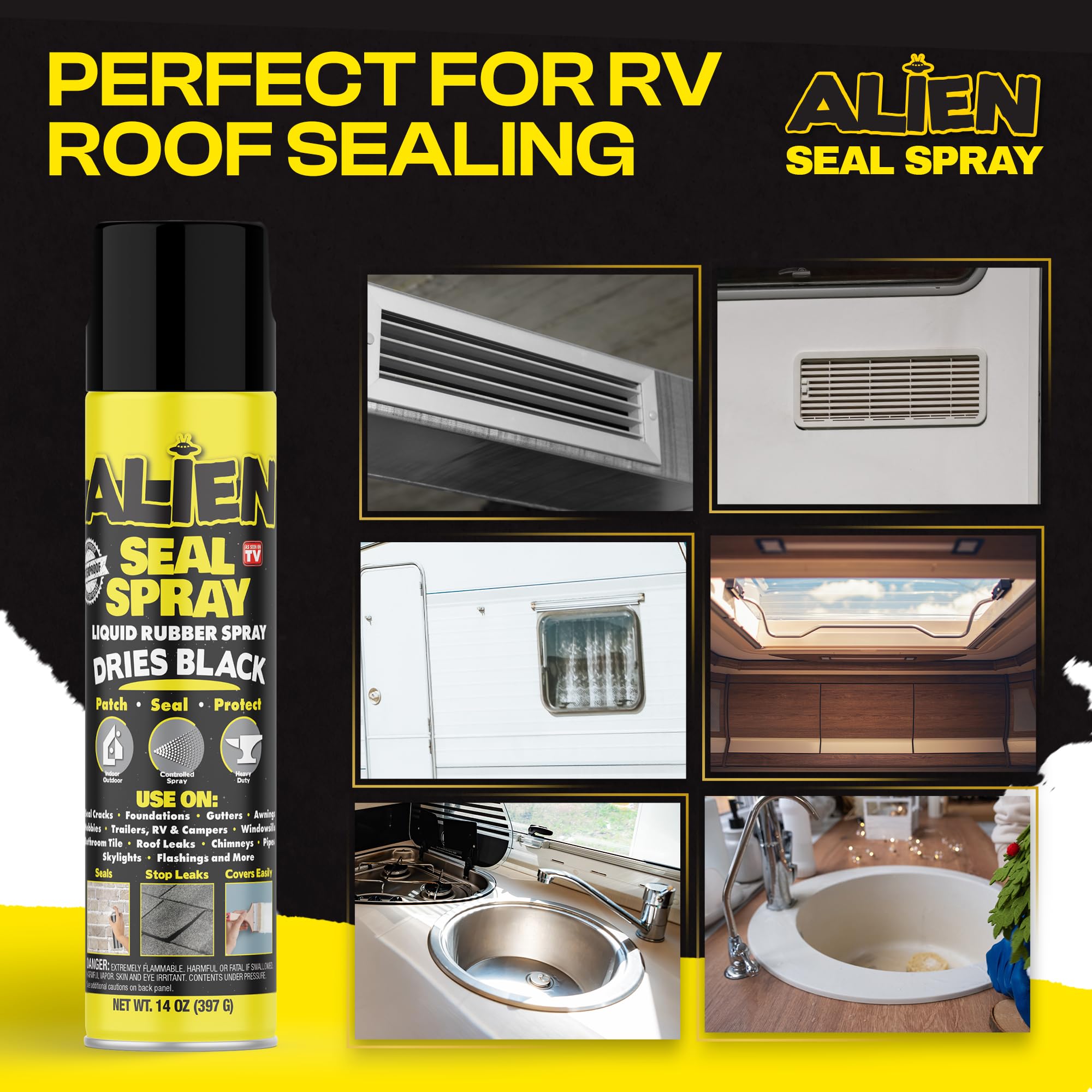 Alien Tape Sealant Spray patches plastic cracks with a clean, black finish.
