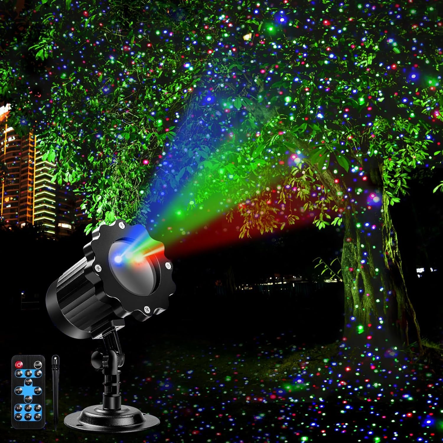 Alinkey outdoor RGB laser projector front view delivering vibrant starry sky ambience
