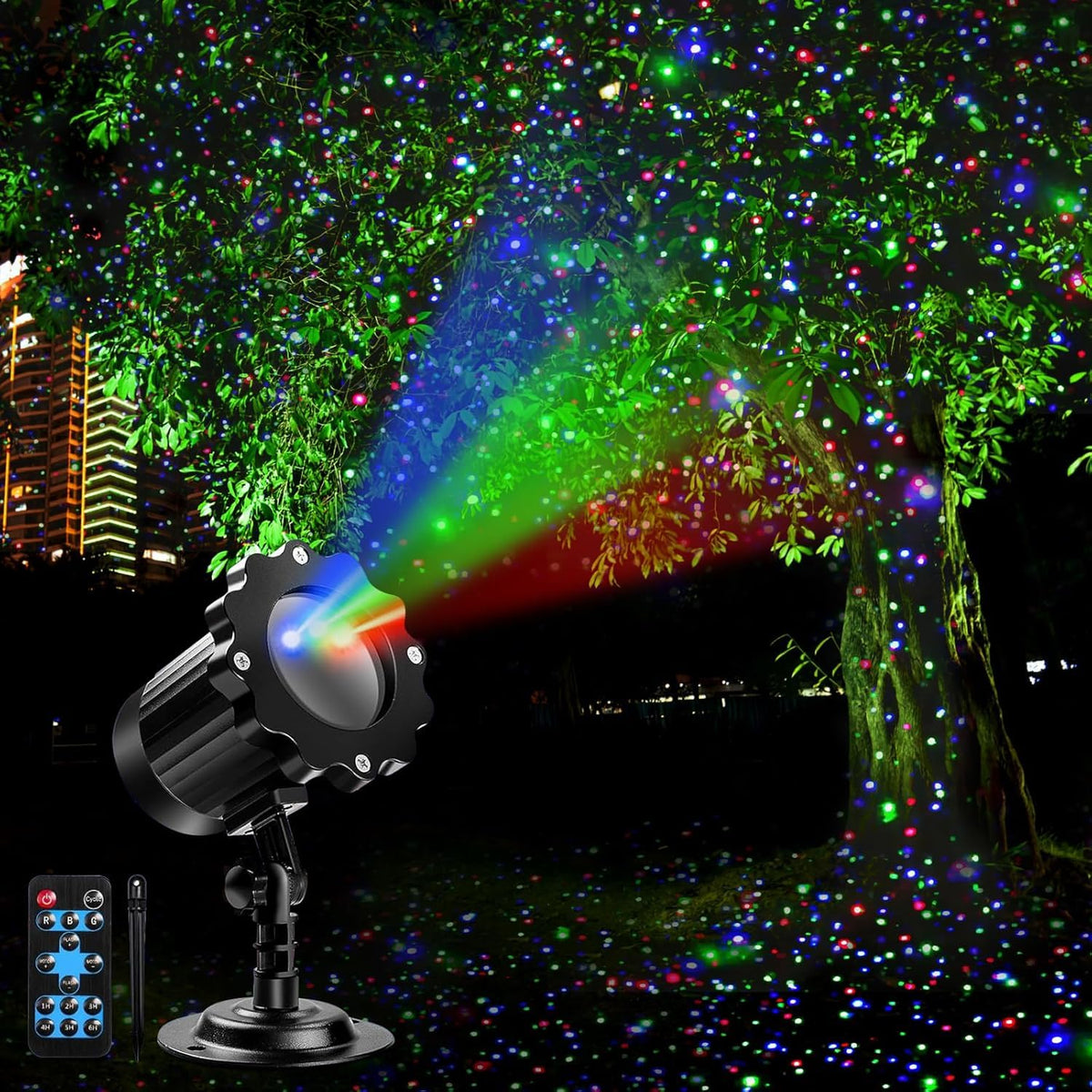Alinkey outdoor RGB laser projector front view delivering vibrant starry sky ambience