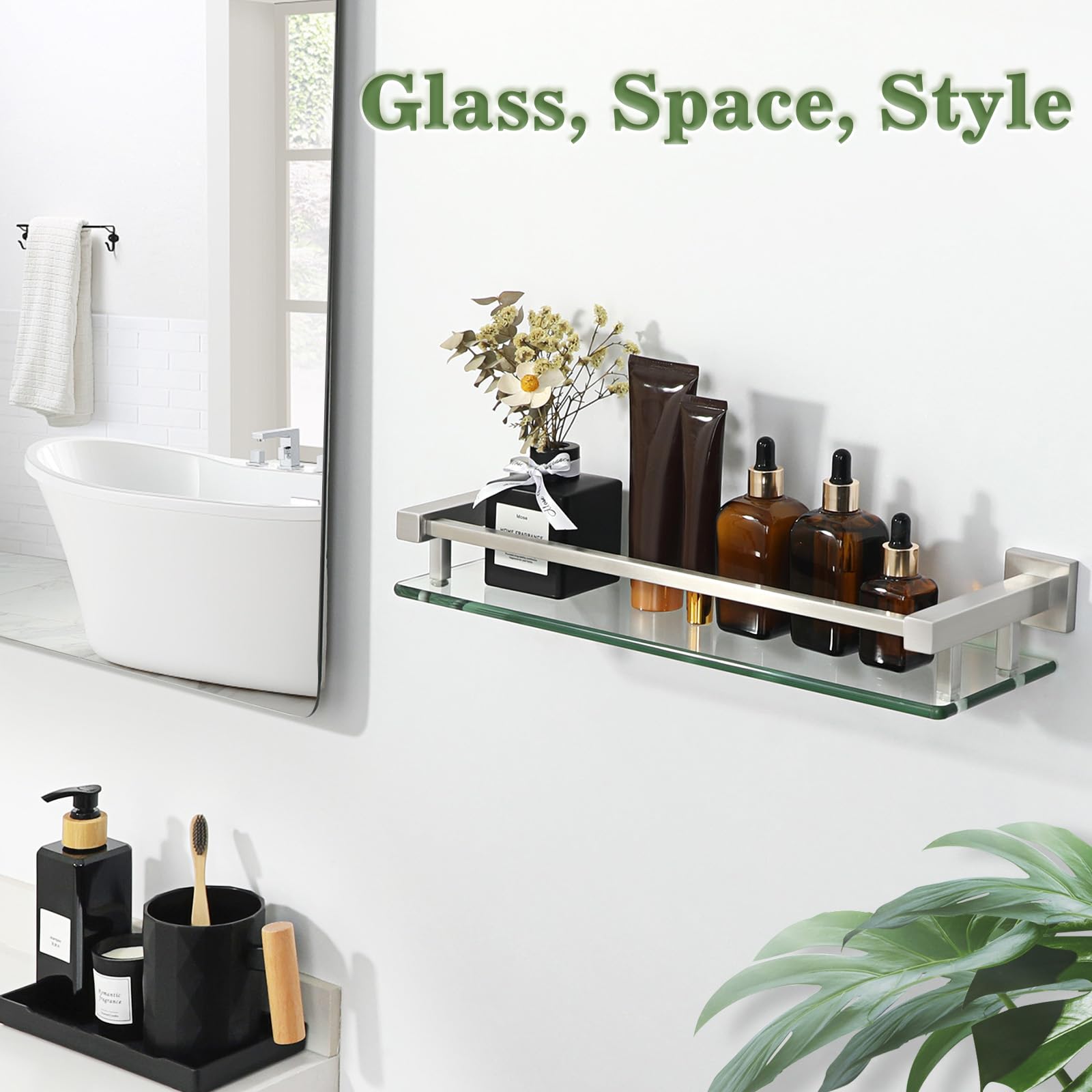 Alise 8mm tempered glass shelf offers strength and a transparent, airy look.