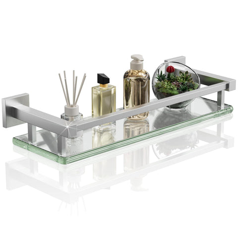 Alise bathroom shelf with brushed-nickel railing provides sturdy support for daily essentials.