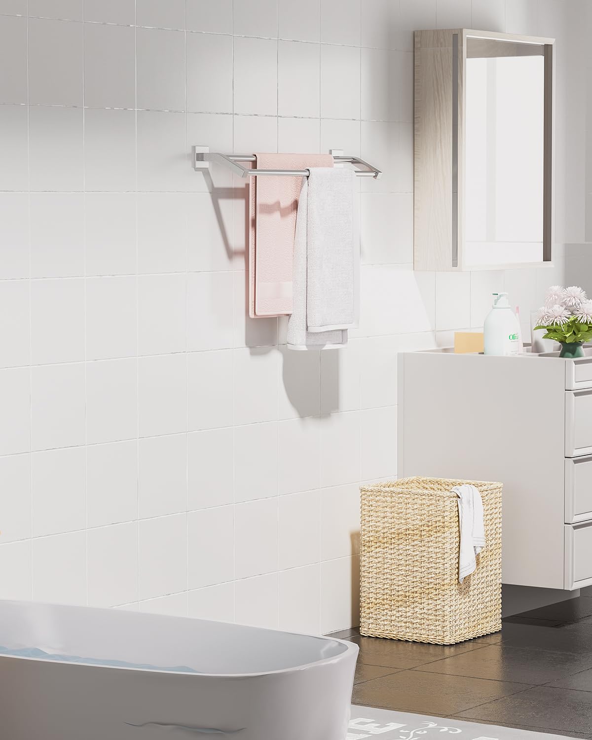 Alise brushed nickel towel hanger enhances bathroom aesthetics