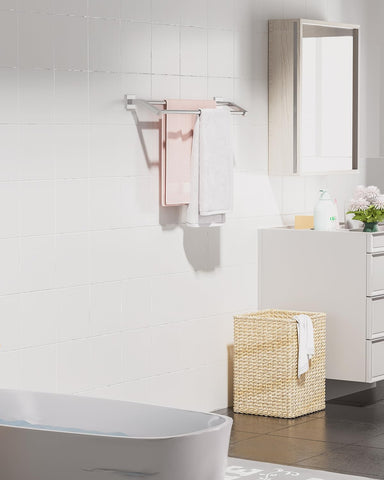 Alise brushed nickel towel hanger enhances bathroom aesthetics