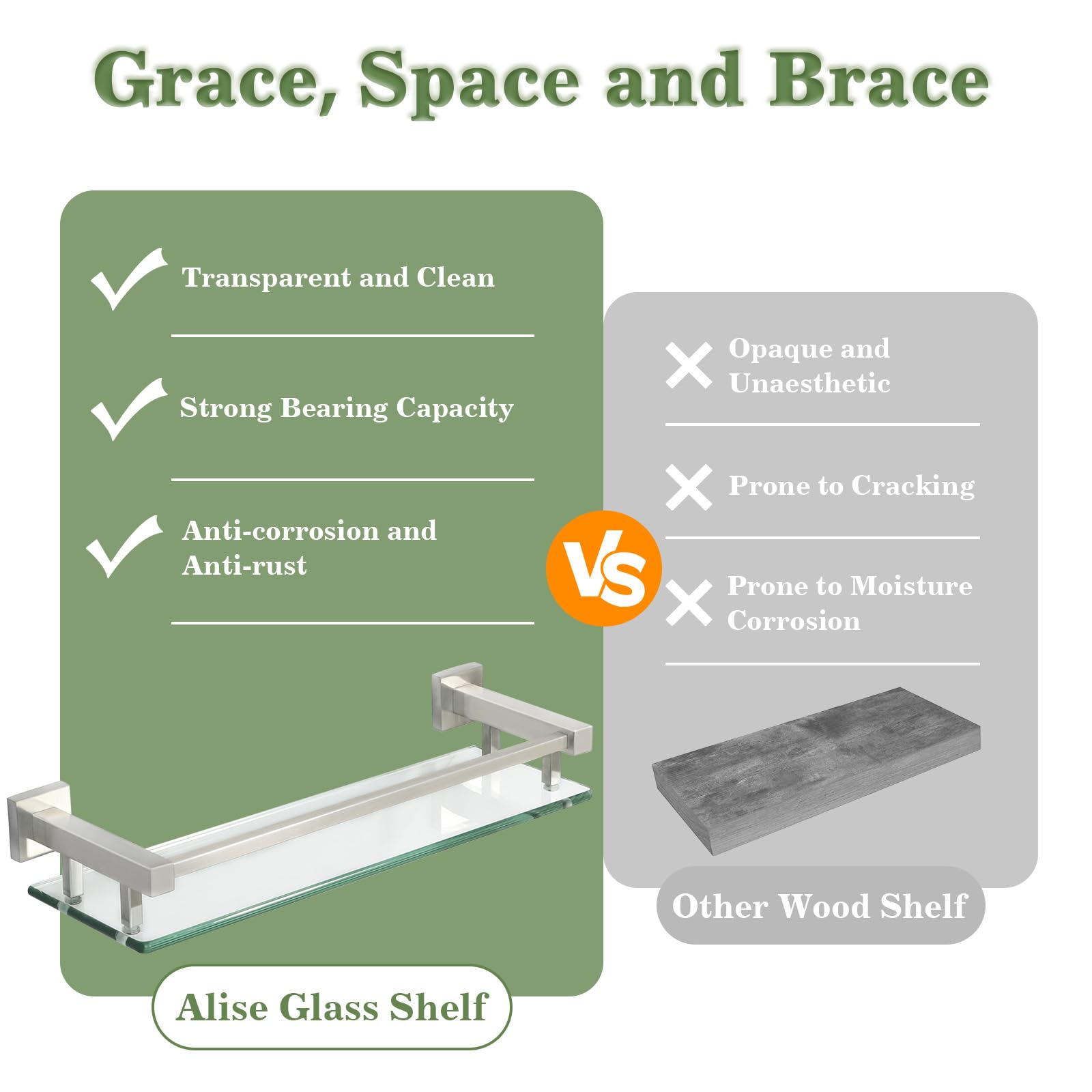 Alise clear wall-mounted shelf enhances visibility and keeps items organized.