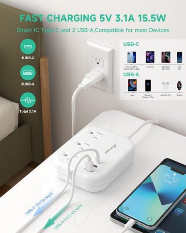 Alitayee European Travel Adapter extension-cord, 3ft reach to outlets.