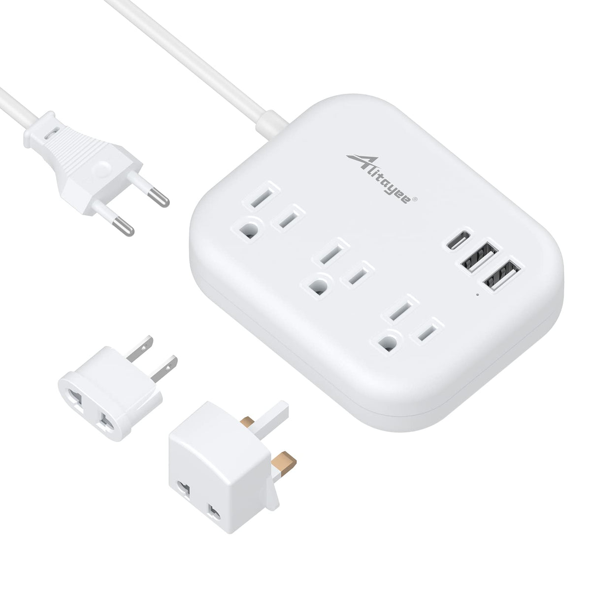 Alitayee European Travel Adapter front view showing compact all-in-one hub for global charging.